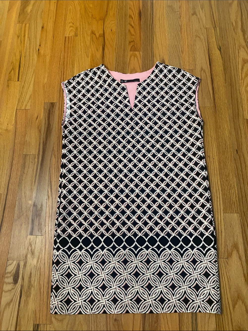 Leslie Fay Black Dress with Pink & White Lattice Pattern